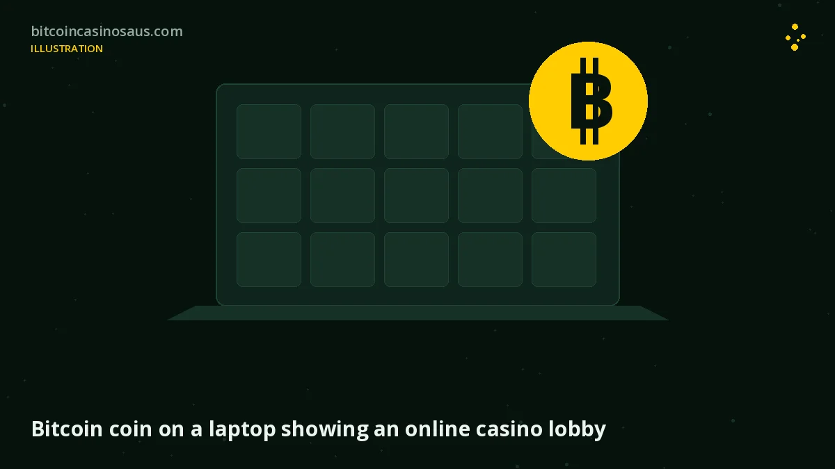 Bitcoin coin on a laptop showing an Australian bitcoin casino lobby