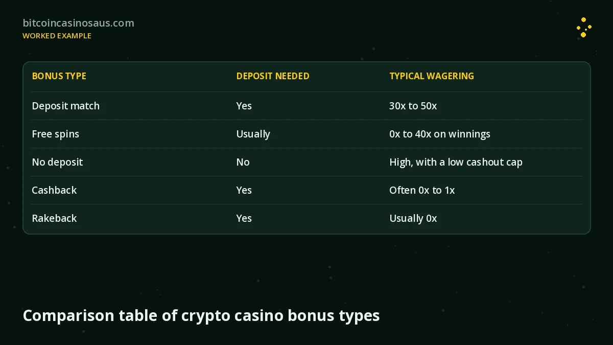 Comparison table of crypto casino bonus types