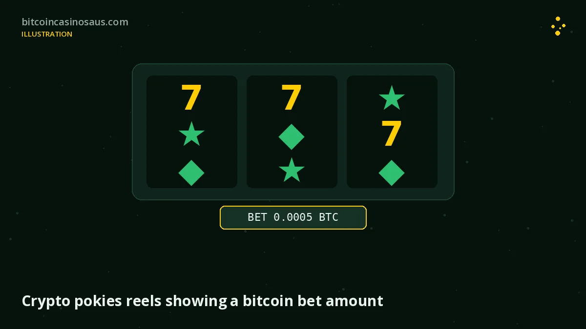 Crypto pokies reels showing a bitcoin bet amount