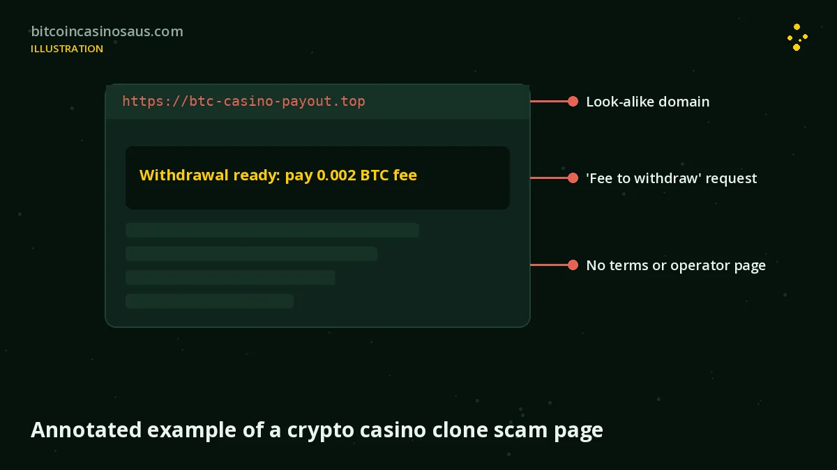 Annotated example of a crypto casino clone scam page